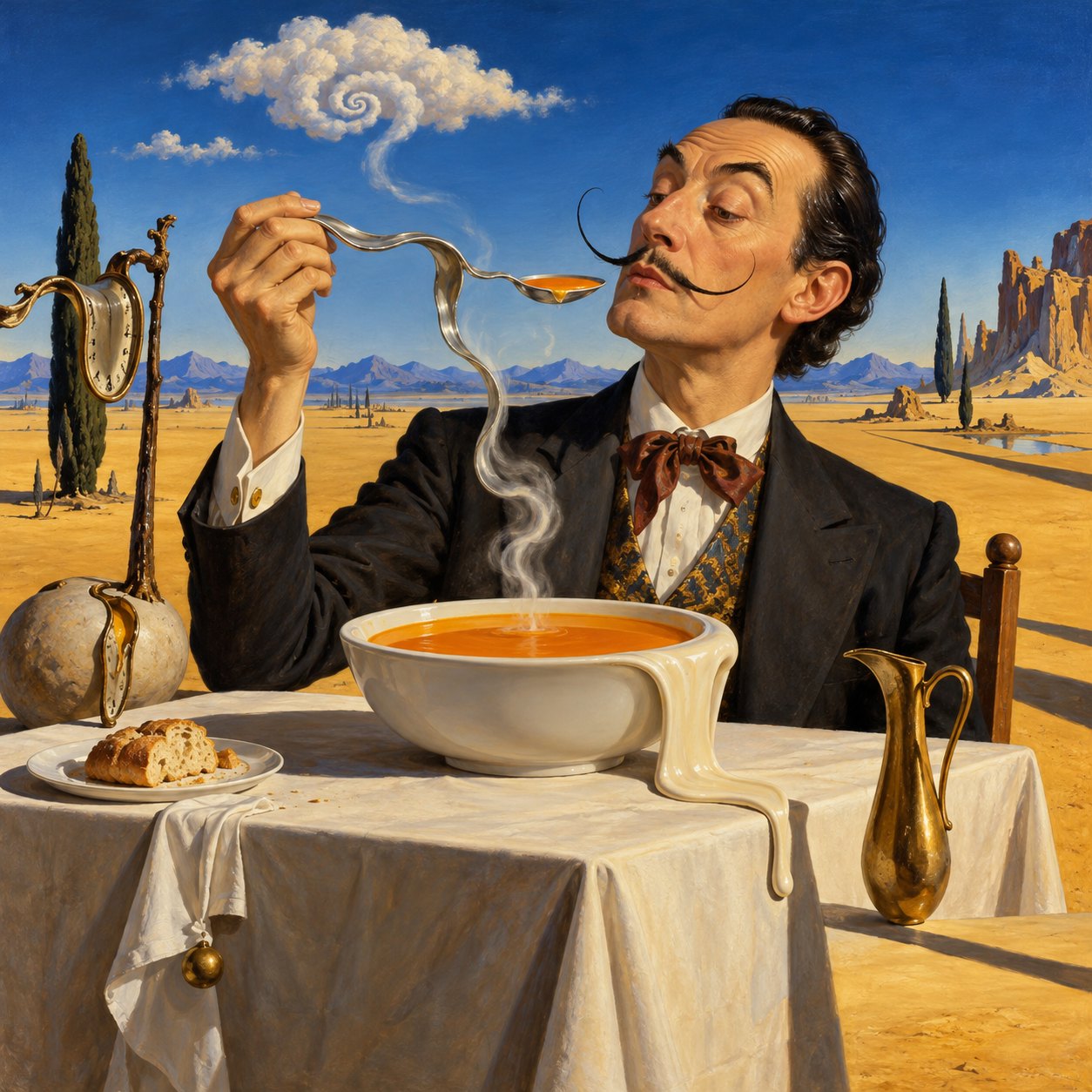 Een man met snor aan een gedekte tafel in de woestijn, met een kom soep en een kromme lepel